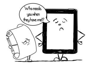 cartoon paper and pencil talking to a cartoon ipad